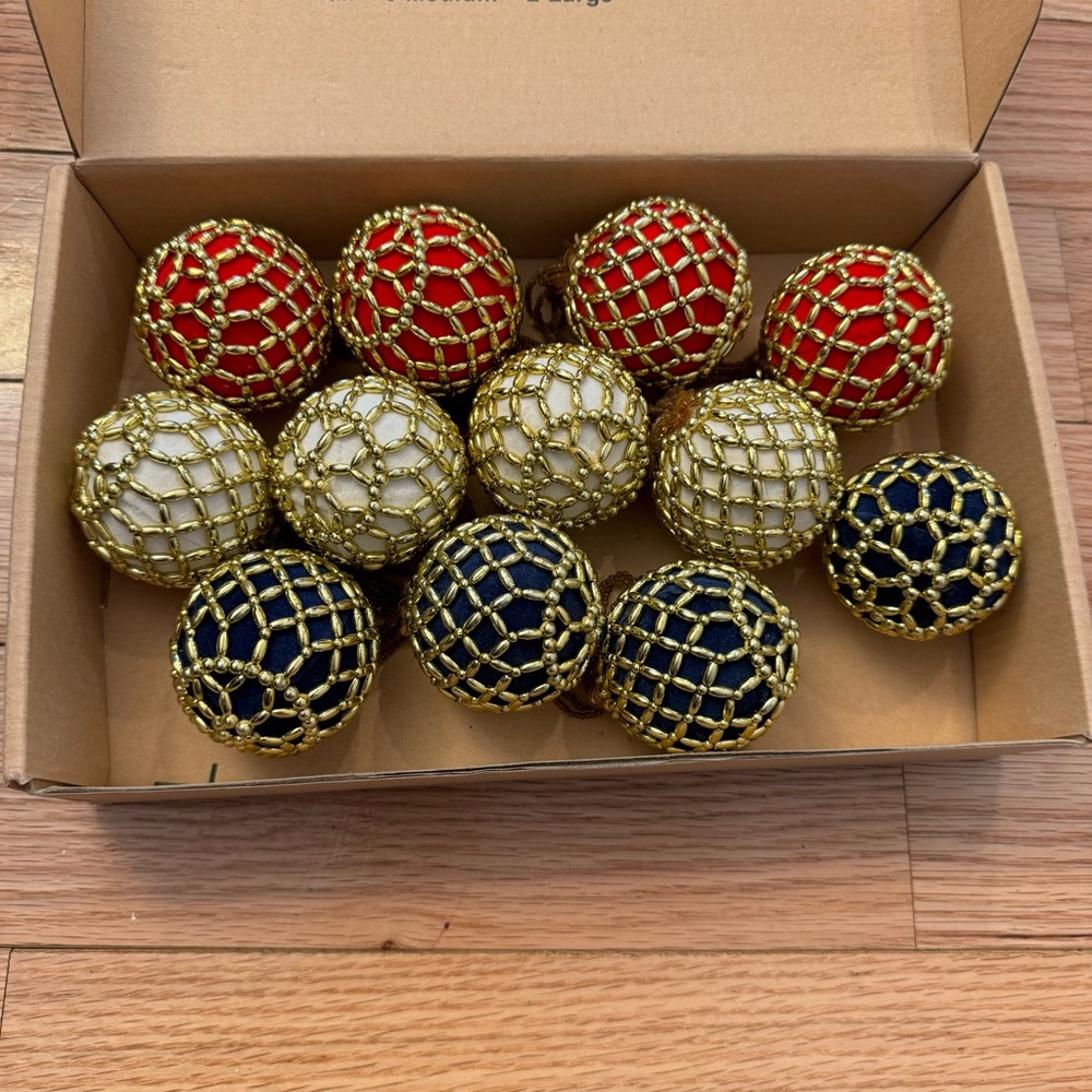 Vintage Lot of 12 Gold Beaded Christmas Ball Ornaments In 3 Colors.